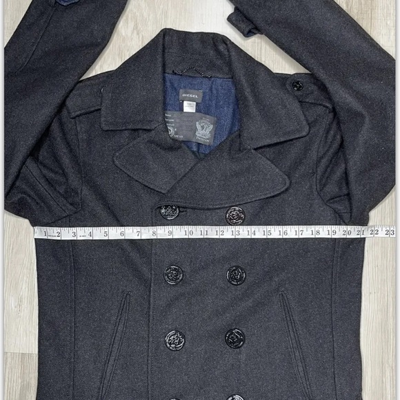 DIESEL Pea Coat Wool Black MEN'S Large L Button Epaulet Trench Military SLIM FIT - Picture 3 of 6